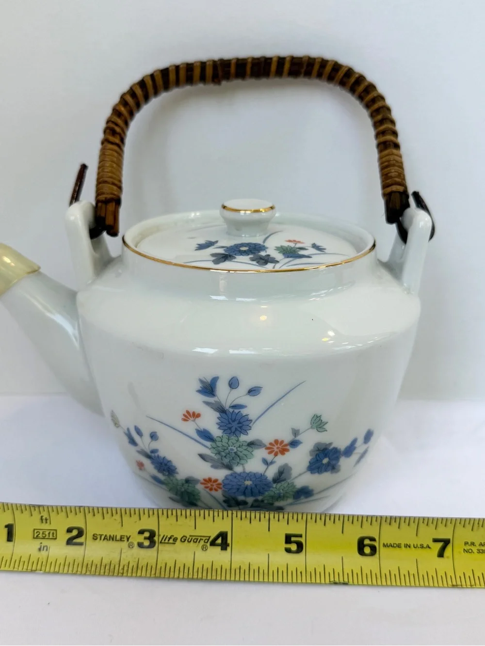 Otagiri OMC Japanese Teapot  Vintage Blue Flowers Rattan Handle Cottage-core MCM